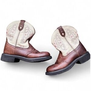 Justin Gypsy Boots Women's 8.5 B Brown Cream Pink Leather L9924 Western Cowgirl